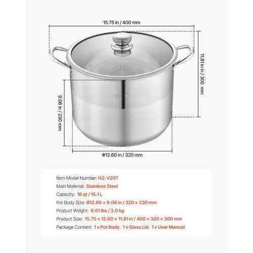 VEVOR Edelstahl Kochtopf 15,1 L Großer Suppentopf mit Glasdeckel Induktionsgeeignet Hochwertiger Nudeltopf PFOA-frei PFAS-frei für Gasherd Elektrokochfeld Ideal für Eintöpfe Pasta Familienportionen – Bild 6