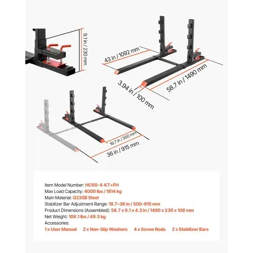 VEVOR Palettengabeln, 1814 kg Gabelträger zum Anklemmen, 1490 mm Gesamtlänge, Gabelzinken mit Kippschutz & verstellbarer Stabilisatorstange, passend für Ladeschaufel-Kompaktlader, Schwarz – Bild 6