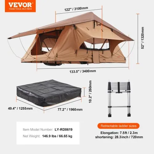 VEVOR Dachzelt Hartschale Autozelt Camping für 2–3 Personen, zusammenklappbares Hartschalen-Dachzelt mit einstellbarer Teleskopleiter Matratze, wasserdicht UV-Schutz für Jeep SUV Van Pickup – Bild 6