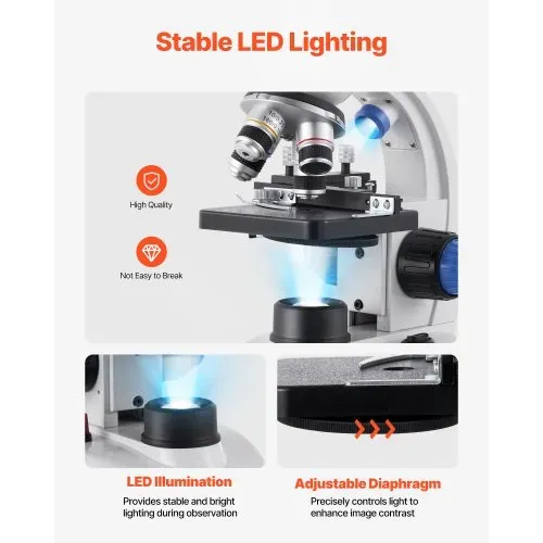 VEVOR Trinokularmikroskop für Erwachsene, professionelles zusammengesetztes Mikroskop-Set mit 40X-5000X Vergrößerung, Gehäuse aus Aluminiumlegierung, inklusive LED-Licht & Telefonhalterung – Bild 5