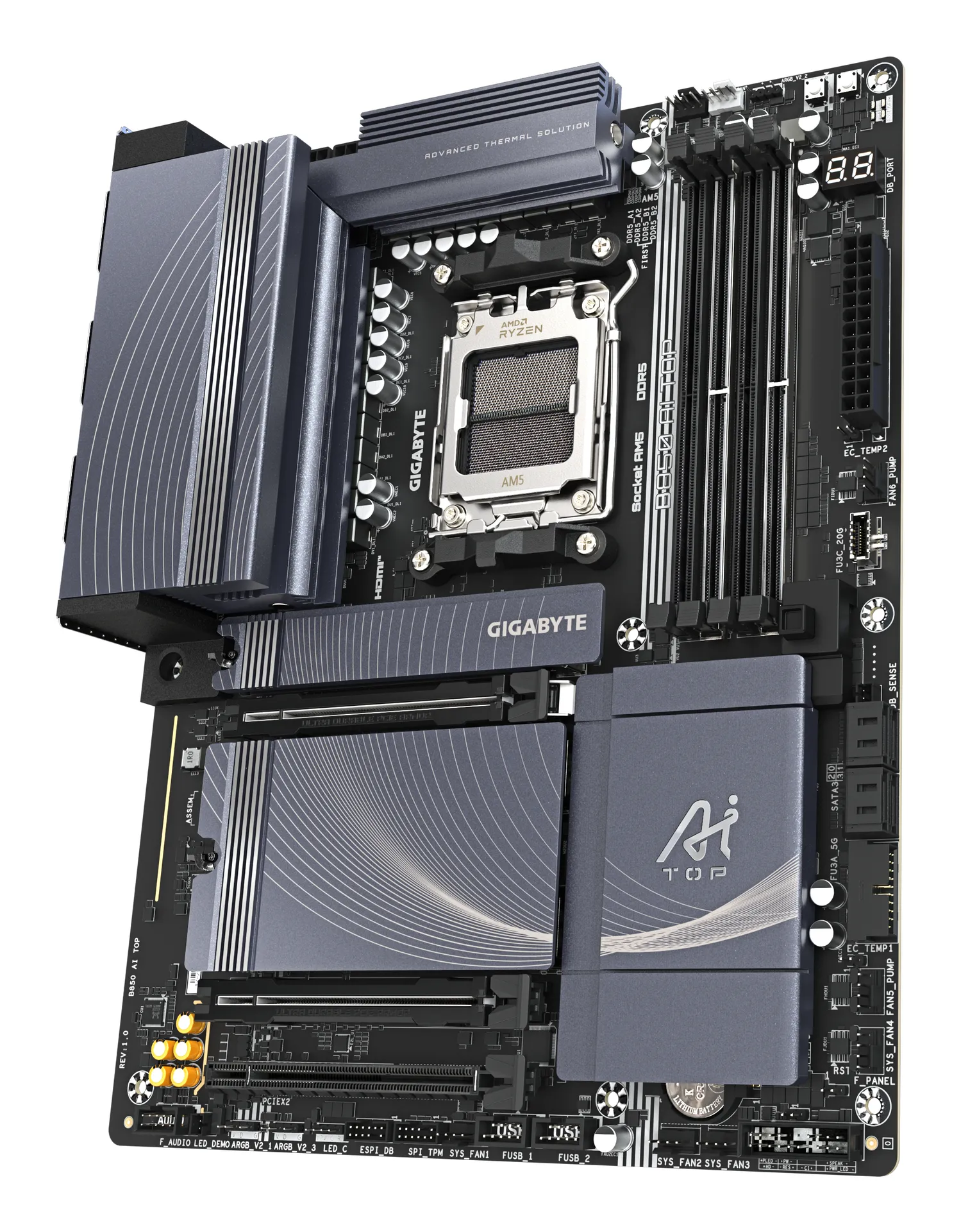 GIGABYTE B850 AI TOP Motherboard - AMD Ryzen 9000 Series CPUs, 16+2+2 Phasen Digital VRM, bis zu 8600MHz DDR5 (OC), 2xPCIe 5.0 + 1xPCIe 4.0 M.2, 10 GbE LAN, WIFI 7, USB 3.2 Gen 2x2 – Bild 4