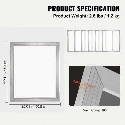 VEVOR Siebdruck-Kit, 2 Stk. Aluminium-Siebdruck-Rahmen, 508 x 609,6 mm Siebdruck-Rahmen mit 160 Mesh, Hochspannungs-Nylon-Mesh & Dichtungsband für T-Shirts, DIY-Druck usw. – Bild 6