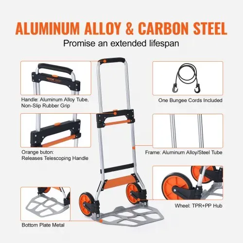 VEVOR Sackkarre Klappbar 125kg Transportkarre aus Aluminiumlegierung und Kunststoff Stapelkarre mit verstellbarem Griff 820-1105mm Faltbarer Trolley inkl. Bindeseil kompakte Größe zum Verstauen – Bild 3