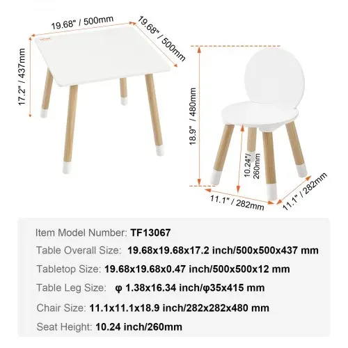 VEVOR Kindersitzgruppe Kindertisch, 2 Kinderstühle 1 Tisch Kindersitzgruppe aus Kiefernholz, Kindertisch-Set Stabile Kindermöbel Sitzmöbel für Kinder, Mädchen, Jungen, Spielzimmer Kindermöbelset Weiß – Bild 6