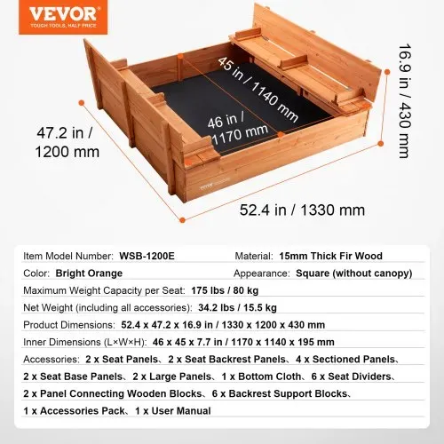 VEVOR Sandkasten aus Holz, 132 x 120 x 43 cm, Sandkasten mit klappbaren Sitzbänken und Bodeneinlage, Sandkasten aus Naturholz für Kinder für den Garten, Strand, Park, Geschenk für Jungen und Mädchen im Alter von 3–12 Jahren – Bild 6