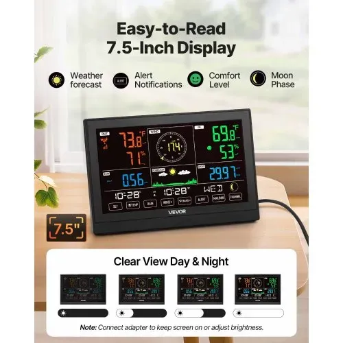 VEVOR 5-in-1-WLAN-Wetterstation, 7,5-Zoll-VA-Display, solarbetriebener Außensensor, Wettercenter zur Wettervorhersage, Windgeschwindigkeit, Windrichtung, Temperatur, Luftfeuchtigkeit, Niederschlag – Bild 3