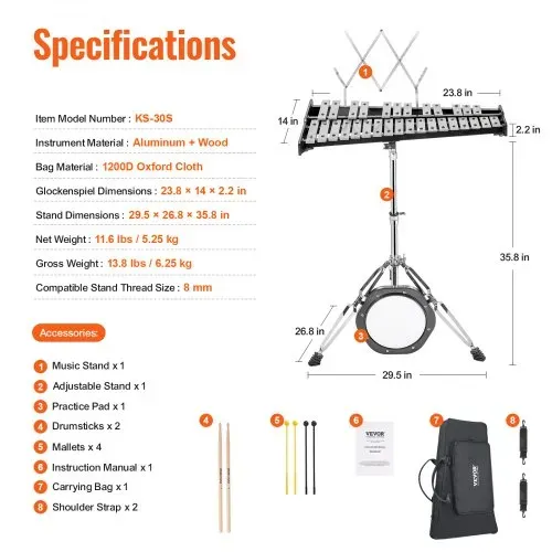 VEVOR Glockenspiel-Xylophon-Set mit 30 Noten, professionelles Schlaginstrumenten-Set mit Schlägeln, Trommelstöcken, Notenständer, 20 cm Übungspad, verstellbarem Ständer und Tragetasche – Bild 6