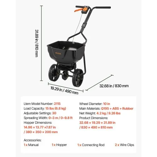 VEVOR Streuwagen 6,8 kg Fassungsvermögen, Düngerstreuer 3 m Streubreite, Schleuderstreuer mit 25,4 cm Reifen, einstellbarer Streumenge, Staatsgutstreuer für Dünger & Saatgut im Hausgarten – Bild 6