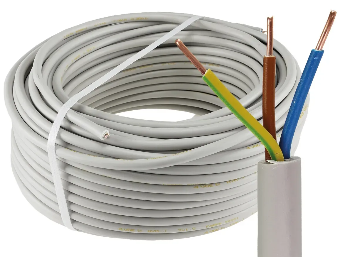 Stromleitung “NYM-J”, 50m, isoliert 3G1,5, grau, Außen-Ø 8,2mm, Ring Stromleitung “NYM-J”, 50m, isoliert 3G1,5, grau, Außen-Ø 8,2mm, Ring