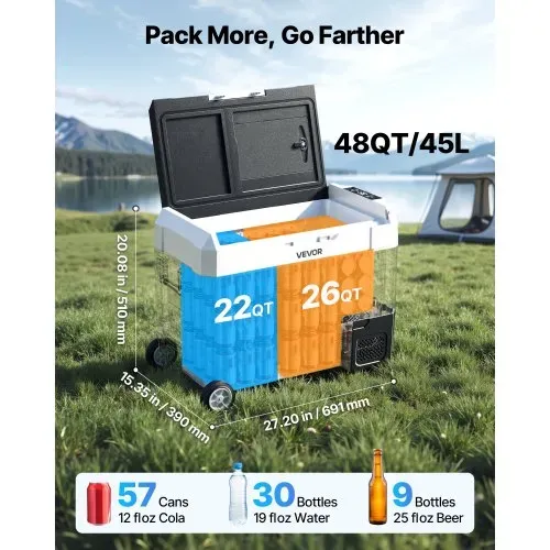 VEVOR Kompressor Kühlbox 12/24 V DC 100–240 V AC, Autokühlschrank 45 L mit App-Steuerung & Rädern & 2 Temperaturzonen (-20 °C bis 20 °C), Tragbarer Kühlschrank für Wohnmobile Boote Camping Angeln – Bild 3