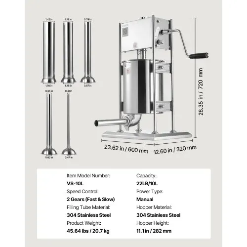 VEVOR manueller Wurstfüller 10 L vertikale Wurstfüllmaschine Fleischfüller mit 2 Geschwindigkeiten (schnell / langsam), Hochleistungsfüller aus Edelstahl mit 5 Wurstfüllrohren, Fleischfüllen – Bild 6