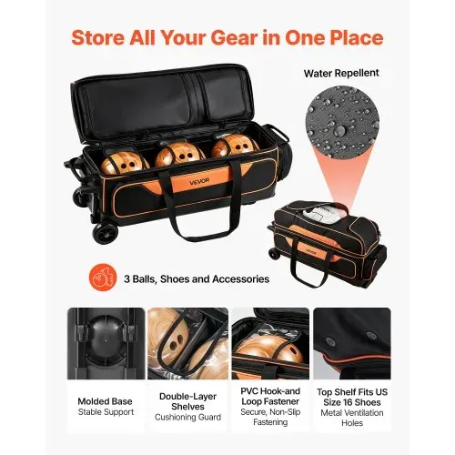 VEVOR Bowlingtasche mit Rollen für 3 Kugeln 600D Oxford Orange Schwarz, für Schuhe bis US-Größe 16 und Zubehör, mit Teleskopgriff (bis zu 1016 mm), Doppellagigen Ablagen und Verstärkten Nähten VEVOR Bowlingtasche mit Rollen für 3 Kugeln 600D Oxford Orange Schwarz, für Schuhe bis US-Größe 16 und Zubehör, mit Teleskopgriff (bis zu 1016 mm), Doppellagigen Ablagen und Verstärkten Nähten