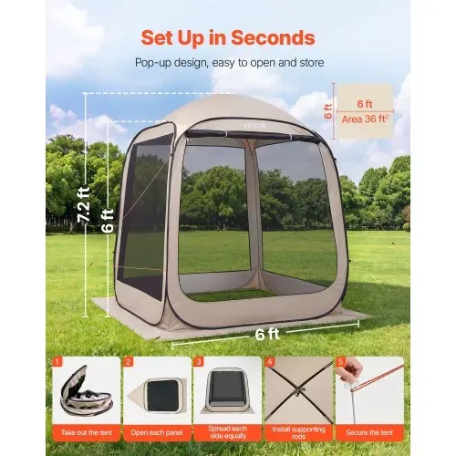 VEVOR Campingzelt, 182,88×182,88×219,4 cm, Partyzelt für 4-6 Personen, Pop Up Zelt mit Tragetasche, Netz-Seitenwänden und Heringen, für Garten, Terrasse und Outdoor-Aktivitäten, Beige VEVOR Campingzelt, 182,88×182,88×219,4 cm, Partyzelt für 4-6 Personen, Pop Up Zelt mit Tragetasche, Netz-Seitenwänden und Heringen, für Garten, Terrasse und Outdoor-Aktivitäten, Beige