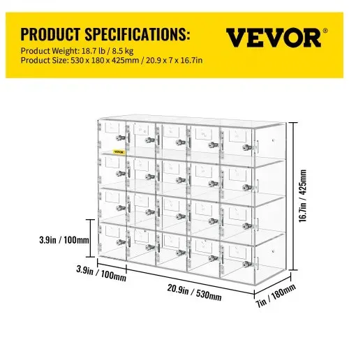 VEVOR Handy-Aufbewahrungsspind, 20 Fächer aus Acrylmaterial mit Türschlössern und Schlüsseln, Wandmontierter Schrank, Taschenbüro, Klassenzimmer, Fitnessstudio, Box, Transparent – Bild 6
