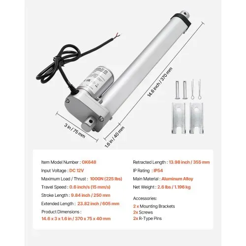 VEVOR 12-V-Linearantrieb, 250 mm Linearmotor mit 15 mm/s, 1000 N Linear Actuator mit IP54-Schutz & Montagehalterung, Lineartechnik-Aktuatoren für Hubschreibtische, Liegestühle, Fenstertüröffner – Bild 6