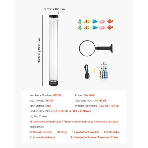 VEVOR Lavalampe mit 10 schwimmenden Fischen, 100 cm, Blasenlichtlampe, 16 Farbwechsel-Lichteffekte, Fernbedienung, Stimmungslicht, Aquarium Nachtlicht für Schlafzimmer, Wohnzimmer, Heimdekoration – Bild 6
