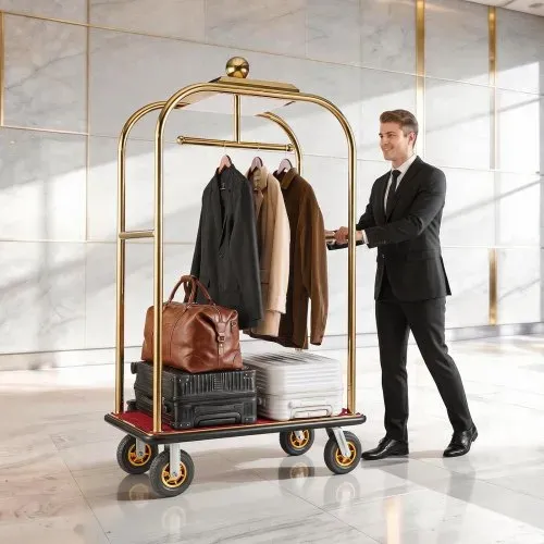 VEVOR Hotelgepäckwagen aus Edelstahl, 544,31 kg Belastbarer Kofferwagen mit 8 Zoll Gummirädern, Hotelwagen mit Rotem Teppichboden & Garderobenstange, Gewerblicher Gepäckwagen für Hotels Resorts, Gold – Bild 7