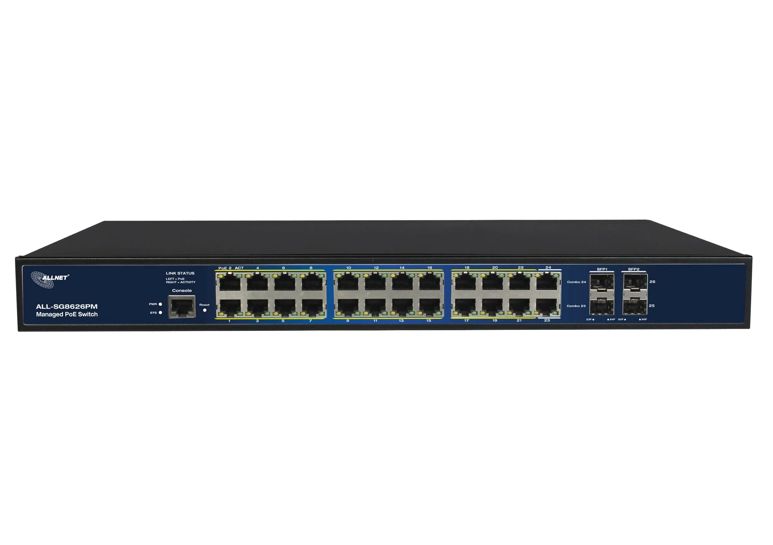 ALLNET Switch full managed 24 Port Gigabit 390W / 24x PoE+ / 4x SFP / Lüfterlos / 19" / "ALL-SG8626PM" – Bild 3