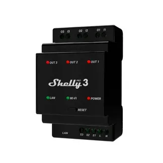 Shelly · Hutschiene · „Pro 3“ · Relais · max. 48A · 3 Phasen · 3 Kanäle · WLAN · LAN · BT Shelly · Hutschiene · „Pro 3“ · Relais · max. 48A · 3 Phasen · 3 Kanäle · WLAN · LAN · BT