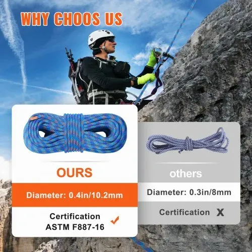 VEVOR 10,2 mm dynamisches Kletterseil, 50 m (164 Fuß) Outdoor-Kletterseil, 25 kN Bruchspannung, dehnbares Faserseil mit Stahlkarabinerhaken für Flucht, Abseilen, Brandrettung, Blau – Bild 3