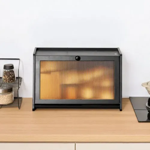 VEVOR Brotkasten für Küchentheke Brotbehälter Brotbox Brot-Organizer aus Holz für selbstgebackenes Brot, Aufbewahrungsbehälter mit gewellter Acryl-Türplatte, Brotaufbewahrung Schwarz – Bild 7