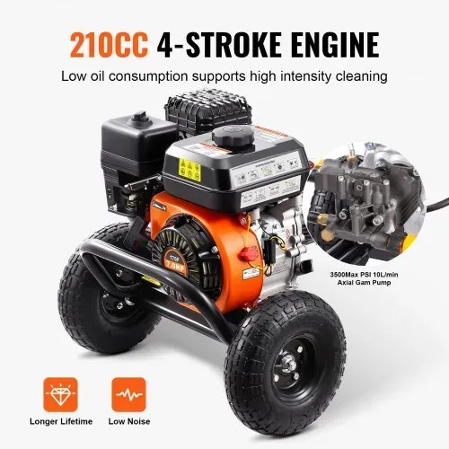 VEVOR Benzin-Hochdruckreiniger, 3500 PSI 10 L/min, 2,6 GPM Terrassenreinger mit Aluminiumpumpe, Hochdruckpistole & Verlängerungsstab, 5-Düsen-Set, für Autos, Zäune, Häuser, Einfahrten, Terrassen – Bild 2