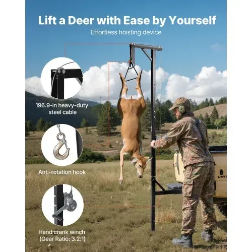 VEVOR Game Hoist mit Seilwinde & Gambrel, 272 kg Tragkraft, Lkw Wildhebezeug mit 5,08 cm Empfänger, 360-Grad-Schwenkschaft & einstellbarer Höhe, zum Häuten & Säubern von Wild im Jagdspiel – Bild 2