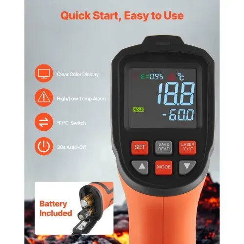 VEVOR Infrarot Thermometer -30℃~1200℃, Digitales IR-Temperaturmessgerät mit LCD-Beleuchtung Typ-K-Thermoelement & Dual-Laser, Berührungslose Temperaturpistole für Kochen Industrie (Nicht für Menschen) – Bild 5