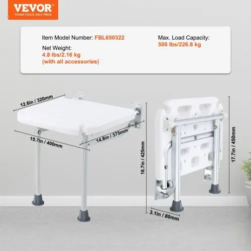 VEVOR Klappbarer Duschsitz aus PE, 40,1 x 37,6 cm ausgeklappt, wandmontierte, hochklappbare Duschbank mit 227 kg Tragkraft, platzsparender zusammenklappbarer Duschstuhl für Senioren, Schwangere – Bild 6