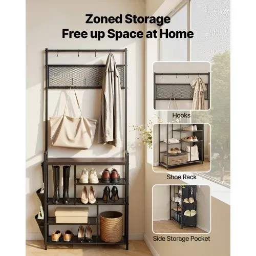 VEVOR Multifunktionale Flurgarderobe (75 x 30 x 180 cm) mit Schuhablage & Haken, Garderobenständer mit Seitentasche, Garderobe mit Stahlrahmen Geeignet für Eingangsbereich Schlafzimmer Schwarz VEVOR Multifunktionale Flurgarderobe (75 x 30 x 180 cm) mit Schuhablage & Haken, Garderobenständer mit Seitentasche, Garderobe mit Stahlrahmen Geeignet für Eingangsbereich Schlafzimmer Schwarz