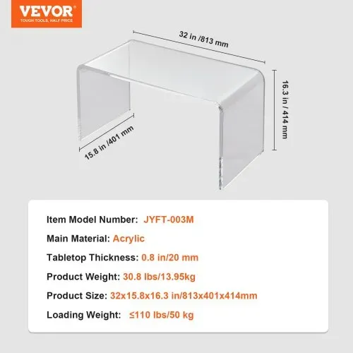 VEVOR Beistelltisch 813 x 401 x 414 mm, U-förmiger Acryltisch Beistelltisch, Transparenter Couchtisch für Getränke, Essen, Snacks, Verwendet im Wohnzimmer, Schlafzimmer, Arbeitszimmer usw. – Bild 6