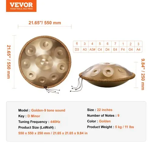 VEVOR Handpan, 55 cm, 9 Noten, D-Moll-Handtrommel, Drum-Instrument mit Schlägeln, 440-Hz-Handpan-Ständer & Tragetasche, Heilende Klangtrommel aus Stahl, Schlaginstrumente für Erwachsene & Anfänger – Bild 6