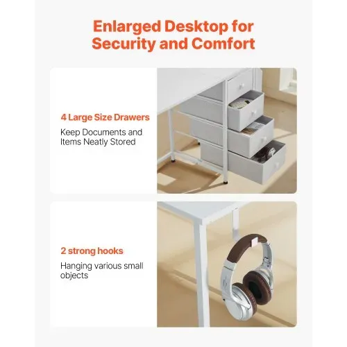 VEVOR Computertisch Bürotisch Schreibtisch (120 x 50 cm Tischplatte), moderner Arbeitstisch mit Stoffschubladen & 99 kg Tragkraft & Aufbewahrungshaken für Homeoffice Arbeitszimmer Wohnzimmer, Weiß – Bild 3