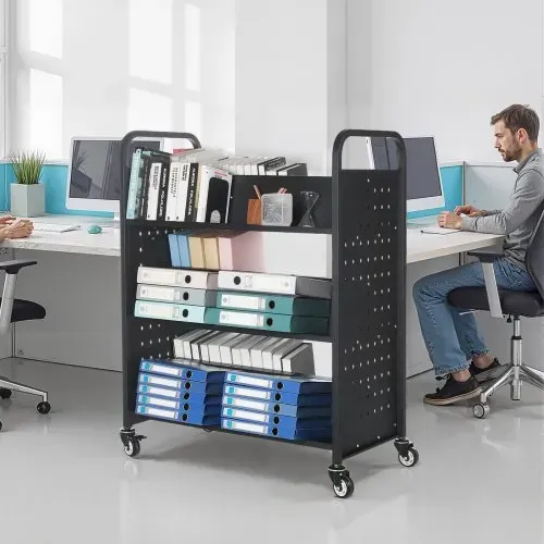 VEVOR Bücherwagen, 159 kg Tragkraft, Bibliothekswagen, 970x515x1225 mm, doppelseitiges W-förmiges Bücherregal mit Doppelbremsrollen, Abräumwagen für Wohnzimmer, Büro, Schule, Schwarz – Bild 7