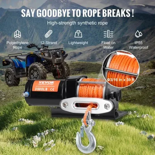 VEVOR Elektrische Seilwinde, 3500 lb Seilzugkapazität, 12 V DC ATV/UTV-Winde mit Φ3/16 Zoll x 39 Fuß 12 Strängen Synthetikseil, Aluminium-Seilführung, kabelgebundene Fernbedienung, IP55 wasserdicht zum Schleppen von UTV, ATV, Boot – Bild 3