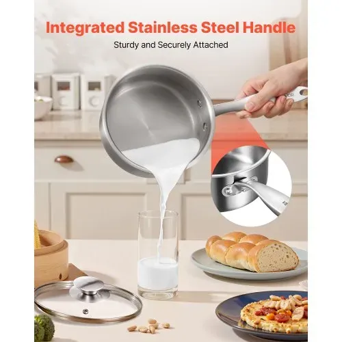 VEVOR Kochtopf Großraumtopf 1,42 L mit Glasdeckel & Dampfschicht, Suppentopf Gemüsetopf mit ergonomischem Griff, Milchtopf aus Edelstahl Gemüsetopf Silber spülmaschinengeeignete Soßentopf – Bild 5