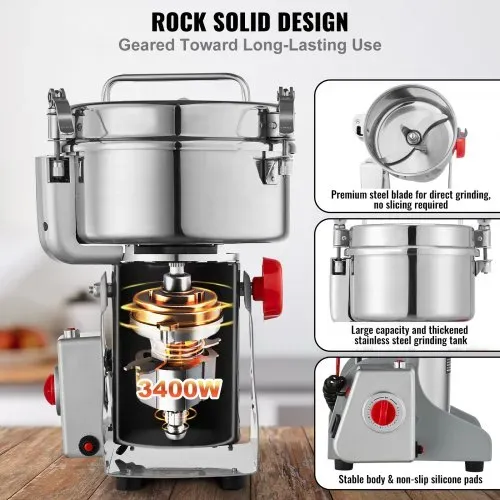 VEVOR elektrische Getreidemühle Hochgeschwindigkeits-Gewürzmühle 2 kg 3400 W, Pulverisiermaschine aus Edelstahl, für trockene Körner Gewürze Müsli Kaffee Mais Pfeffer, Schwenktyp 24 x 23 x 38 cm – Bild 2