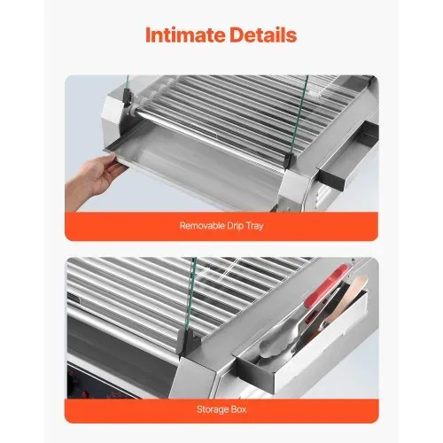 VEVOR Hot Dog Grill Maschine Hot dogs 11 Rollen Edelstahl, 2200 W, Elektrogrill mit Abdeckung & 2 Temperaturregler & seitlicher Aufbewahrungsbox & herausnehmbarem Regal & Ölauffangschale – Bild 4