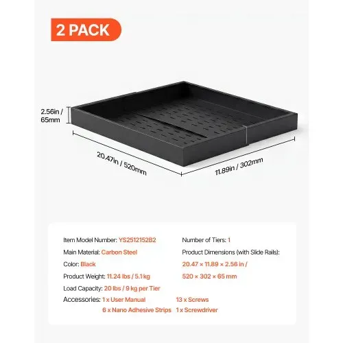 VEVOR 2 x Teleskopschubladen Ausziehbare Küchenschrank-Organizer 31-48 cm, 52 cm Tiefe Auszugsschubladen für Schränke, Erweiterbare Auszugsschubladen für Küchenschränke mit Nano-Klebestreifen, Schwarz – Bild 6