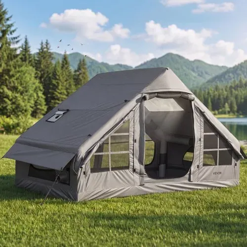 VEVOR Aufblasbares Zelt Campingzelt Luftzelt 2-4 Personen mit Pumpe Grau, für Outdoor-Aktivitäten Wasserabweisendes 420D Oxford-Gewebe Dachfenster Ofenrohrdurchführung Netzfenster & Tragetasche – Bild 7