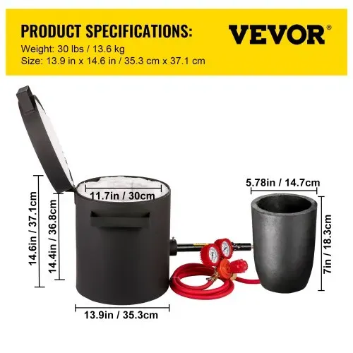 VEVOR Propan Schmelzofen 10 KG, Gas Metall Schmelzofen Propan Ton Grafit Tiegel, Edelmetall Schmiedeofen Propan-Regler 0-350 psi, Ofenboden 20 mm, Schmelzzeit 10 min, 2,54 cm Keramikfaser feuerfest – Bild 6