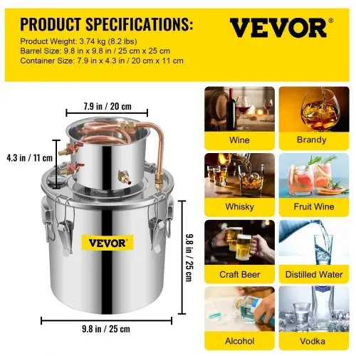 VEVOR Alkohol-Destilliergerät 11,4 L, Alkohol-Destilliergerät mit Umwälzpumpe, Alkohol-Destilliergerät Kupferrohr, Whiskey-Destilliergerät mit eingebautem Thermometer, Whiskey-Herstellungsset – Bild 6