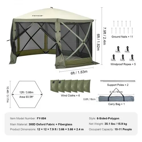 VEVOR Pop-Up-Pavillonzelt, Pop-Up-Zelt mit 6-seitigem Baldachin, Sonnenschutz mit 6 abnehmbaren Sichtschutz-Windtüchern und Netzfenstern, 12 x 12 Fuß, Schnellaufbau-Zelt mit Moskitonetz, Armeegrün – Bild 6