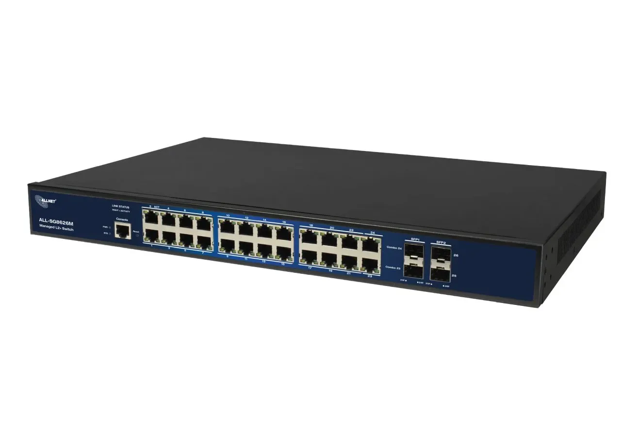 ALLNET Switch full managed 26 Port Gigabit / 22x LAN / 4x SFP / Lüfterlos / 19″ / “ALL-SG8626M” ALLNET Switch full managed 26 Port Gigabit / 22x LAN / 4x SFP / Lüfterlos / 19″ / “ALL-SG8626M”