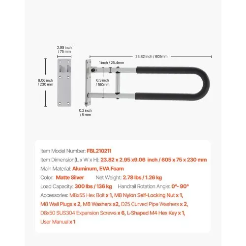 VEVOR Aufstehhilfe Toilette, 605x75x230 mm U-förmiger Haltegriff, Wandstützgriff für Senioren, Handikap-Klappgriff, mit rutschfestem Griff, 136 kg Tragkraft für ältere Menschen, Behinderte, Schwangere – Bild 6