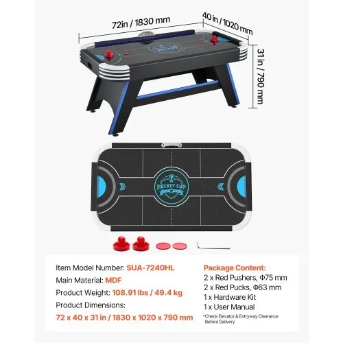 VEVOR Airhockeytisch 183 x 102 x 79 cm MDF Elektrischer Hockeytisch Schwarz Geeignet für Familien und Spieleabende, Elektronisches Punktesystem, LED-Beleuchtung, Eckenschutz und Verstellbare Standfüße – Bild 6