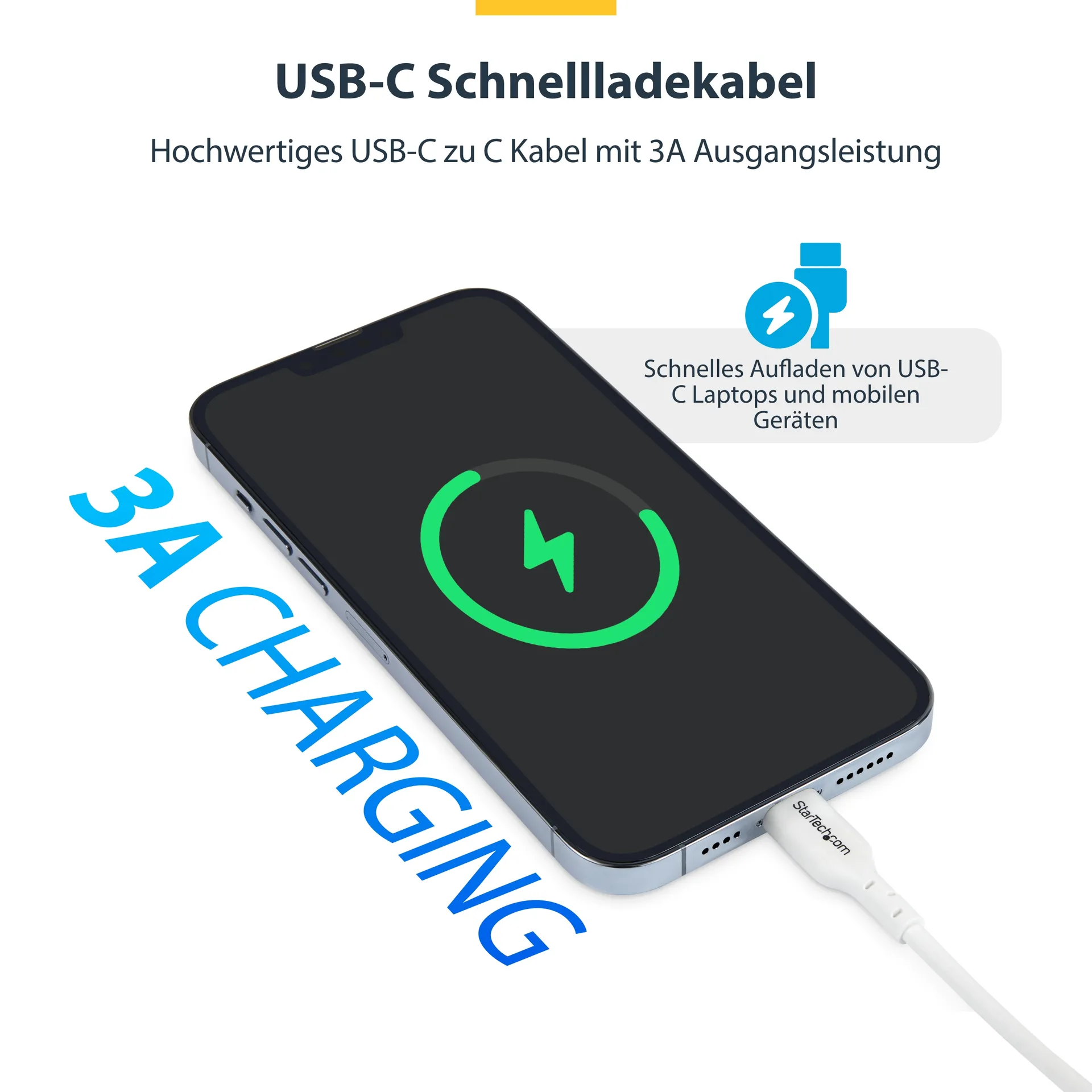 StarTech.com 2m USB-C-Ladekabel, Laden und Synchronisieren, 60W (3A) Power Delivery, USB 2.0 Laptop-Ladekabel, Weiß - USB C Ladekabel – Bild 7