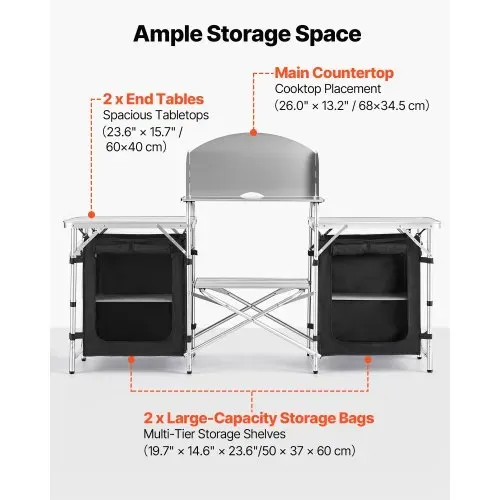 VEVOR Klappbare Campingküche, Campingschrank mit 2 MDF-Beistelltischen, Abnehmbarem Windschutz für den Kocher, 2 Stauräumen & X-förmigen Beinen, Camping-Küchenstation für Picknick, Grillen & Reisen VEVOR Klappbare Campingküche, Campingschrank mit 2 MDF-Beistelltischen, Abnehmbarem Windschutz für den Kocher, 2 Stauräumen & X-förmigen Beinen, Camping-Küchenstation für Picknick, Grillen & Reisen