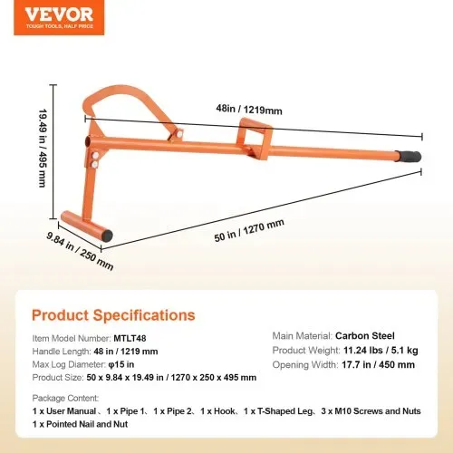 VEVOR Fällheber, 1219 mm, 4-in-1 Hochleistungs-Stammheber aus Stahl, multifunktionale Stammrolle, verstellbarer Wendehaken, Stammwender, Forst-Multitool zum Rollen, Schneiden und Anheben von Stämmen – Bild 6