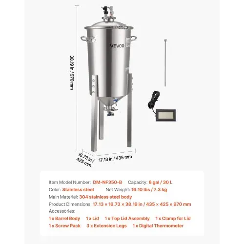 VEVOR konischer Gärbehälter Edelstahl 30 L Gärtank für Heimbrauen, Gärkessel mit konischem Boden & Verlängerungsbeinen & Deckel & Griff & Thermometer, Gärfass für Wein- und Biergärung – Bild 6